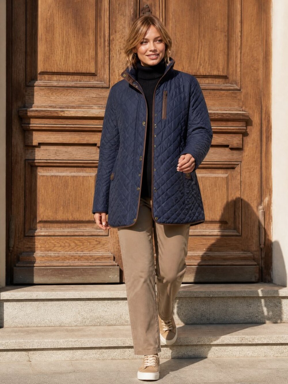 Lauren Ralph Lauren New Navy Blue Quilted Womens Coat Brown Leather edge XL
